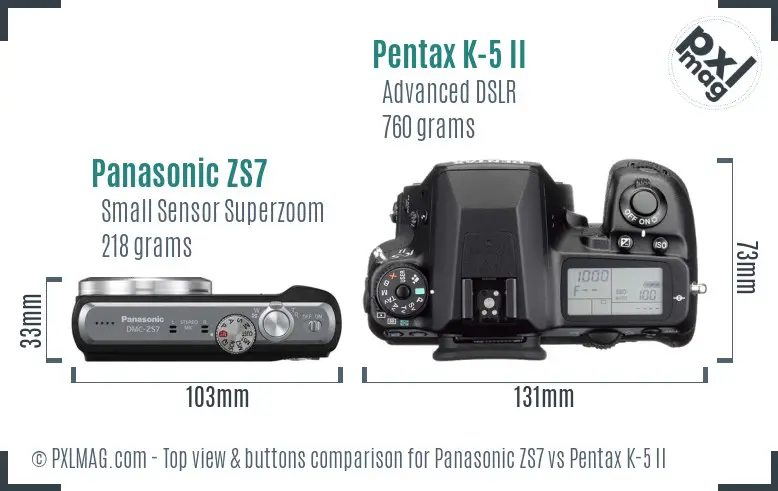Panasonic ZS7 vs Pentax K-5 II top view buttons comparison