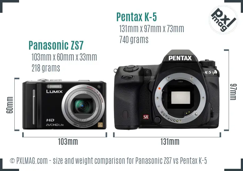 Panasonic ZS7 vs Pentax K-5 size comparison