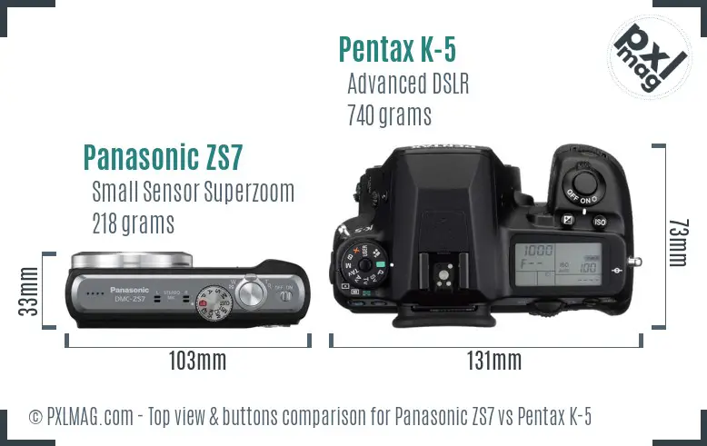 Panasonic ZS7 vs Pentax K-5 top view buttons comparison