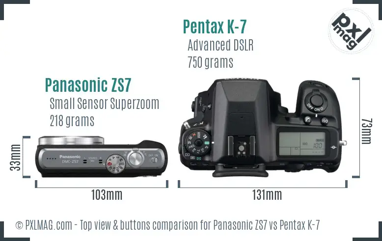 Panasonic ZS7 vs Pentax K-7 top view buttons comparison