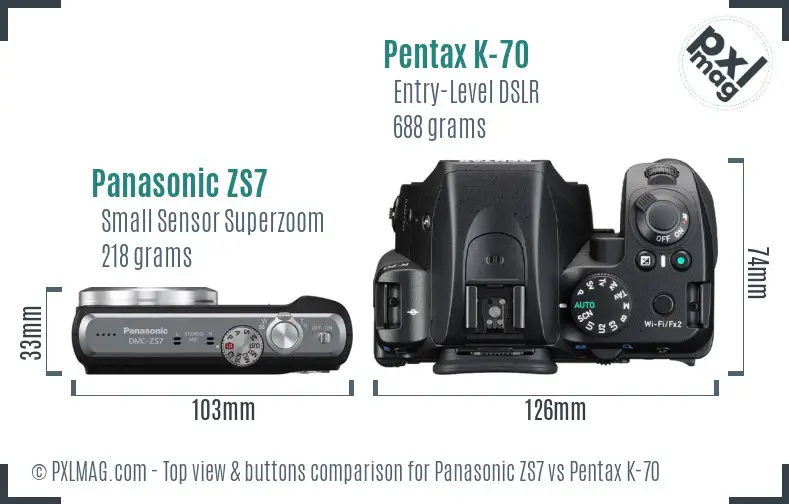 Panasonic ZS7 vs Pentax K-70 top view buttons comparison