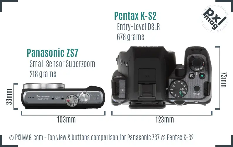 Panasonic ZS7 vs Pentax K-S2 top view buttons comparison