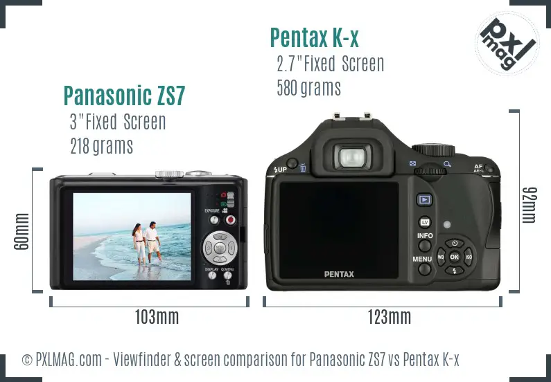 Panasonic ZS7 vs Pentax K-x Screen and Viewfinder comparison
