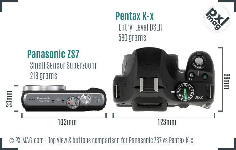 Panasonic ZS7 vs Pentax K-x top view buttons comparison
