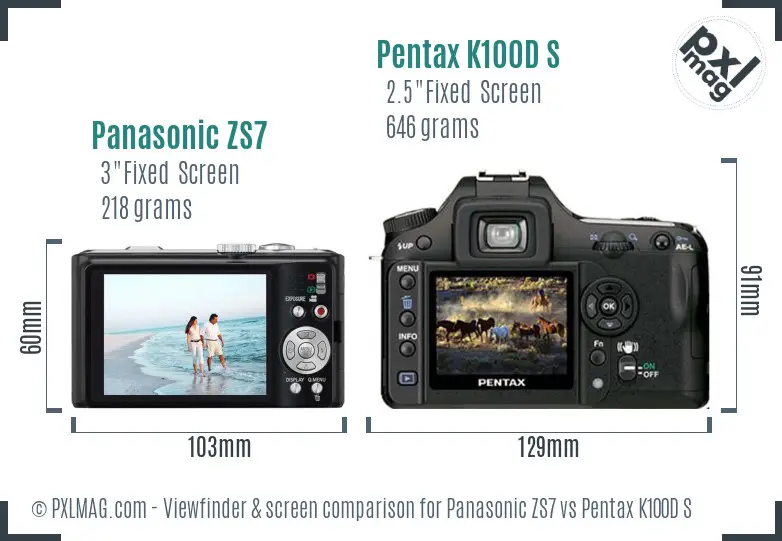 Panasonic ZS7 vs Pentax K100D S Screen and Viewfinder comparison