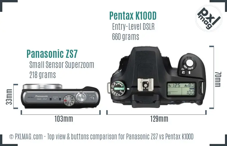Panasonic ZS7 vs Pentax K100D top view buttons comparison