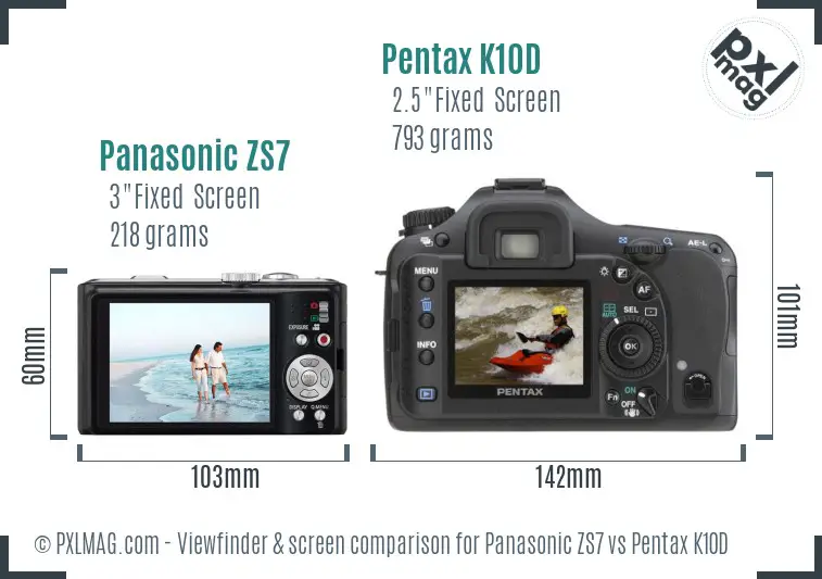 Panasonic ZS7 vs Pentax K10D Screen and Viewfinder comparison