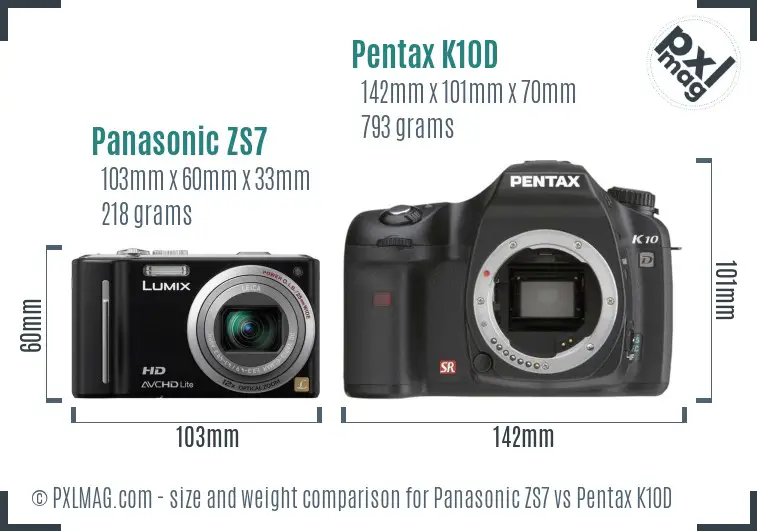 Panasonic ZS7 vs Pentax K10D size comparison