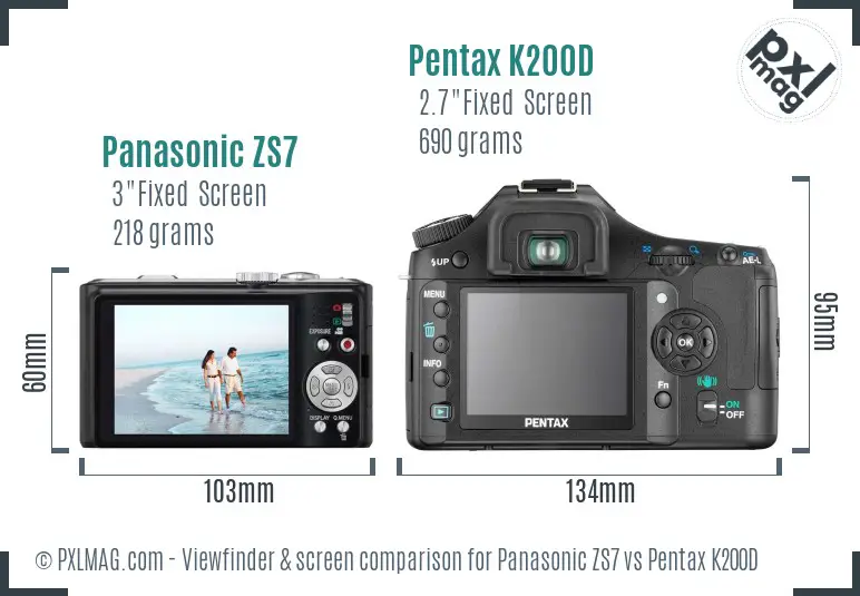 Panasonic ZS7 vs Pentax K200D Screen and Viewfinder comparison