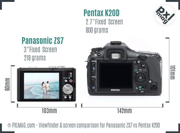 Panasonic ZS7 vs Pentax K20D Screen and Viewfinder comparison