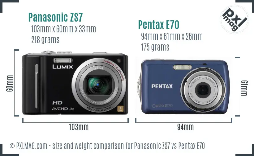 Panasonic ZS7 vs Pentax E70 size comparison