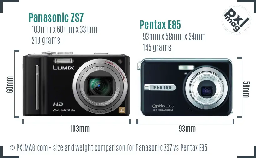 Panasonic ZS7 vs Pentax E85 size comparison