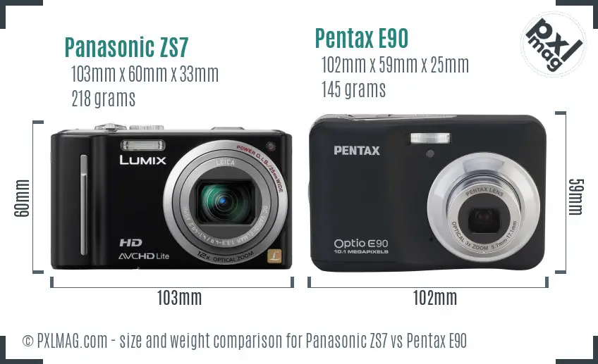 Panasonic ZS7 vs Pentax E90 size comparison