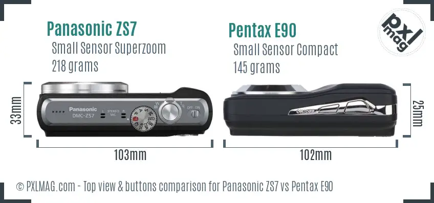 Panasonic ZS7 vs Pentax E90 top view buttons comparison