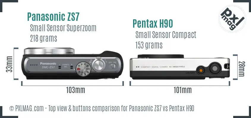 Panasonic ZS7 vs Pentax H90 top view buttons comparison