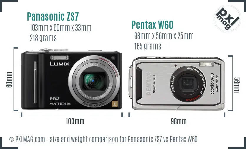 Panasonic ZS7 vs Pentax W60 size comparison