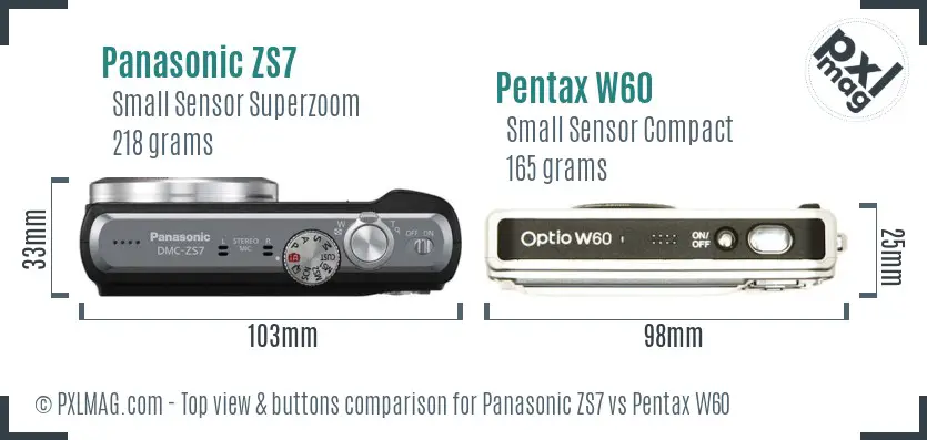 Panasonic ZS7 vs Pentax W60 top view buttons comparison
