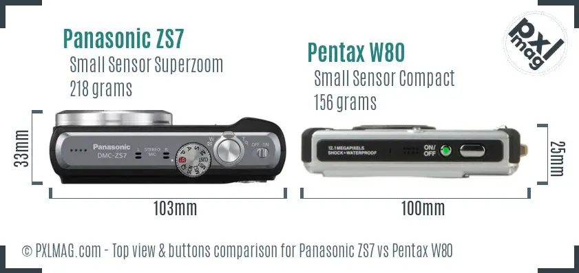 Panasonic ZS7 vs Pentax W80 top view buttons comparison