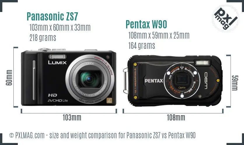 Panasonic ZS7 vs Pentax W90 size comparison