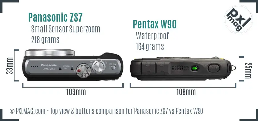 Panasonic ZS7 vs Pentax W90 top view buttons comparison