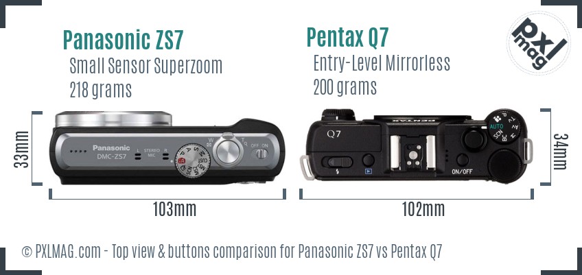 Panasonic ZS7 vs Pentax Q7 top view buttons comparison