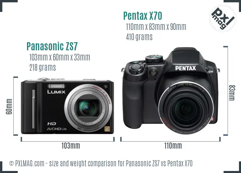 Panasonic ZS7 vs Pentax X70 size comparison