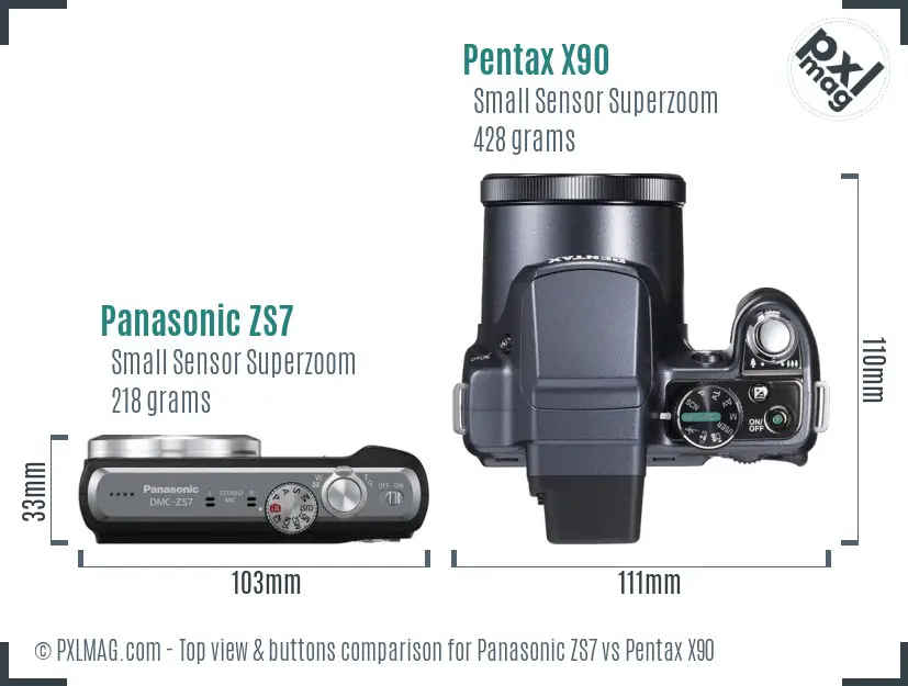 Panasonic ZS7 vs Pentax X90 top view buttons comparison