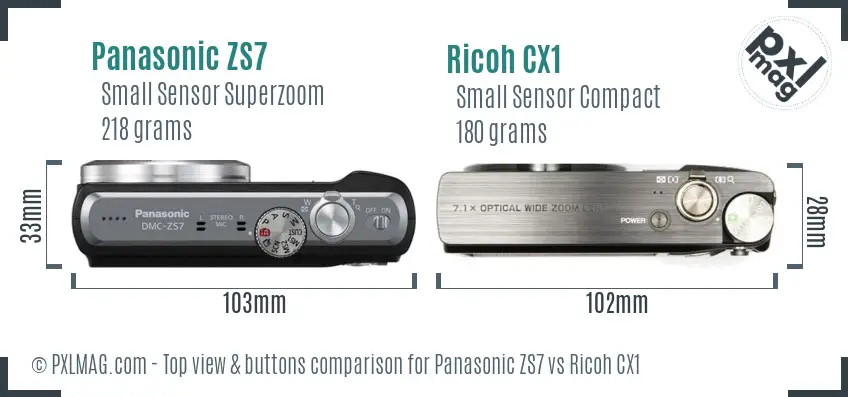 Panasonic ZS7 vs Ricoh CX1 top view buttons comparison