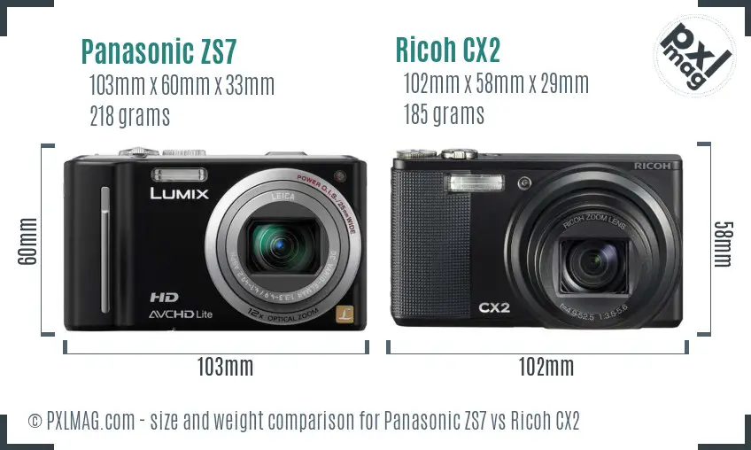 Panasonic ZS7 vs Ricoh CX2 size comparison