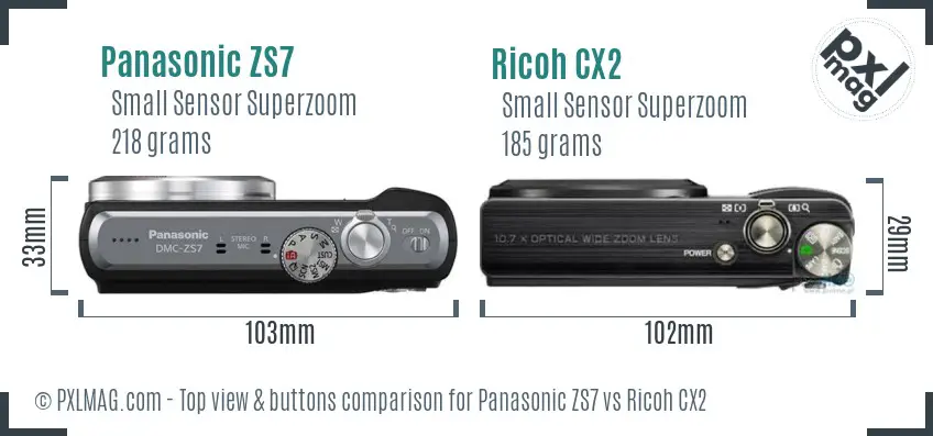 Panasonic ZS7 vs Ricoh CX2 top view buttons comparison