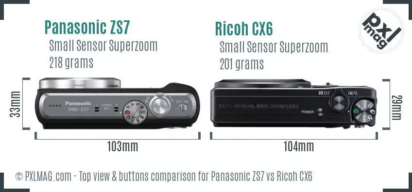 Panasonic ZS7 vs Ricoh CX6 top view buttons comparison