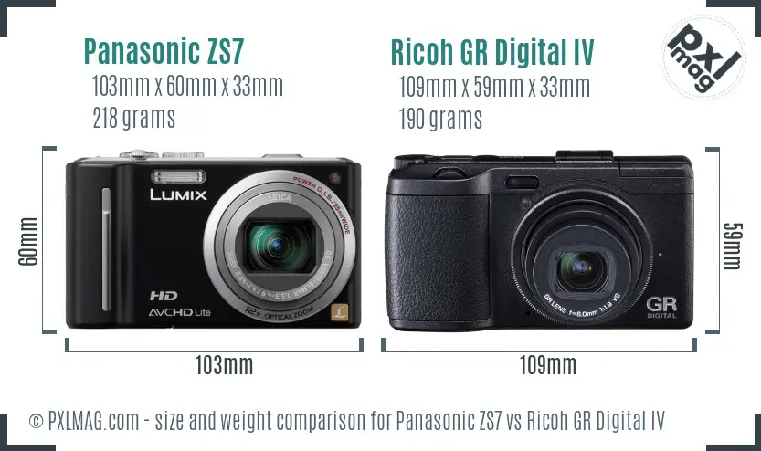 Panasonic ZS7 vs Ricoh GR Digital IV size comparison