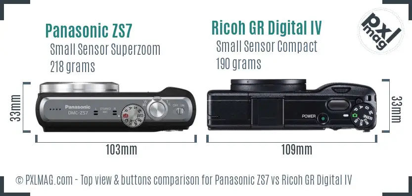 Panasonic ZS7 vs Ricoh GR Digital IV top view buttons comparison