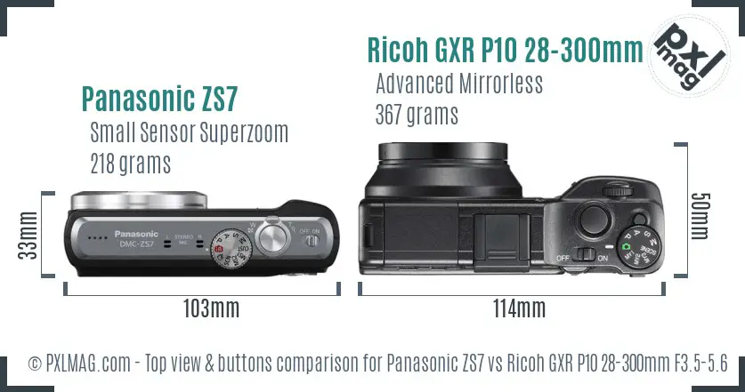Panasonic ZS7 vs Ricoh GXR P10 28-300mm F3.5-5.6 VC top view buttons comparison