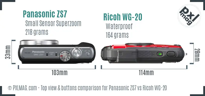 Panasonic ZS7 vs Ricoh WG-20 top view buttons comparison Panasonic ZS7 vs Ricoh WG-20 top view buttons comparison