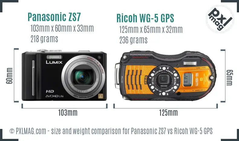 Panasonic ZS7 vs Ricoh WG-5 GPS size comparison