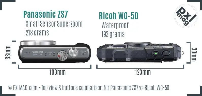 Panasonic ZS7 vs Ricoh WG-50 top view buttons comparison