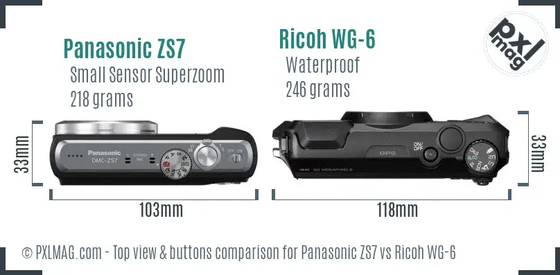 Panasonic ZS7 vs Ricoh WG-6 top view buttons comparison Panasonic ZS7 vs Ricoh WG-6 top view buttons comparison