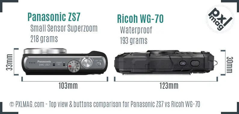 Panasonic ZS7 vs Ricoh WG-70 top view buttons comparison Panasonic ZS7 vs Ricoh WG-70 top view buttons comparison