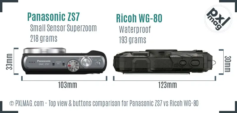 Panasonic ZS7 vs Ricoh WG-80 top view buttons comparison Panasonic ZS7 vs Ricoh WG-80 top view buttons comparison