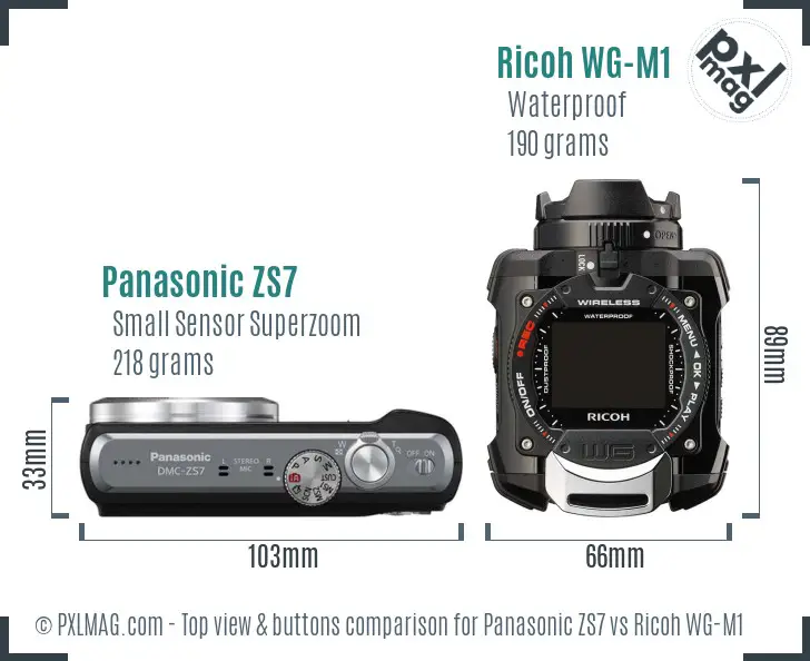 Panasonic ZS7 vs Ricoh WG-M1 top view buttons comparison