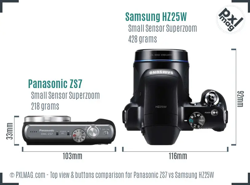 Panasonic ZS7 vs Samsung HZ25W top view buttons comparison Panasonic ZS7 vs Samsung HZ25W top view buttons comparison