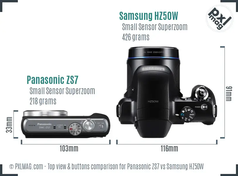 Panasonic ZS7 vs Samsung HZ50W top view buttons comparison Panasonic ZS7 vs Samsung HZ50W top view buttons comparison