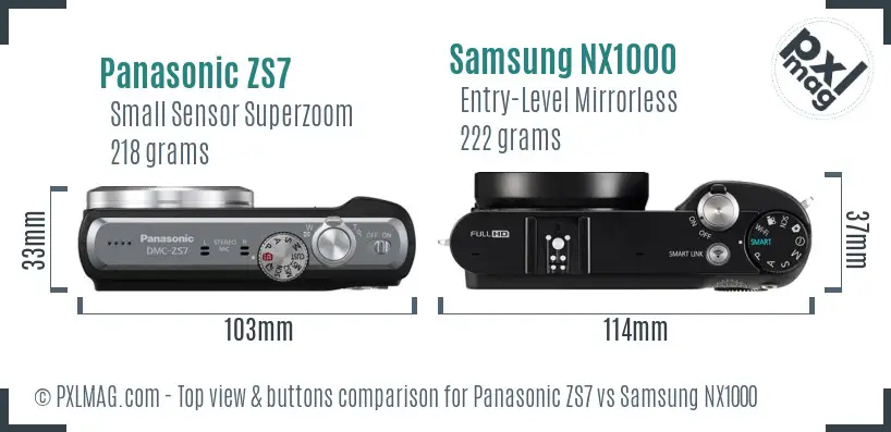 Panasonic ZS7 vs Samsung NX1000 top view buttons comparison Panasonic ZS7 vs Samsung NX1000 top view buttons comparison
