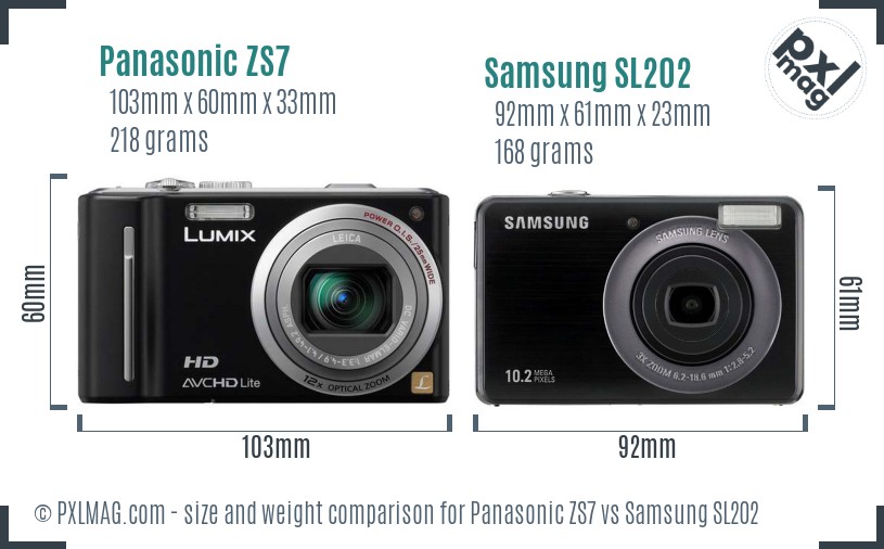 Panasonic ZS7 vs Samsung SL202 size comparison
