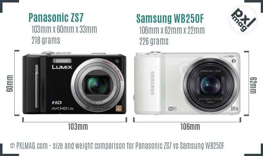 Panasonic ZS7 vs Samsung WB250F size comparison