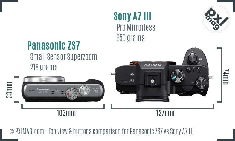 Panasonic ZS7 vs Sony A7 III top view buttons comparison