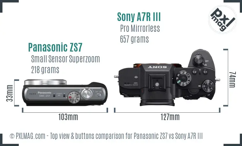 Panasonic ZS7 vs Sony A7R III top view buttons comparison