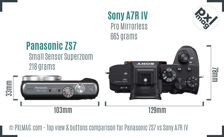 Panasonic ZS7 vs Sony A7R IV top view buttons comparison