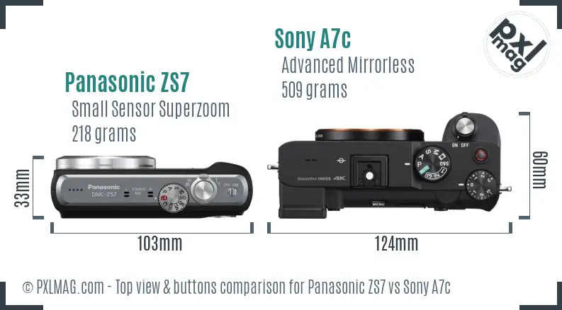 Panasonic ZS7 vs Sony A7c top view buttons comparison